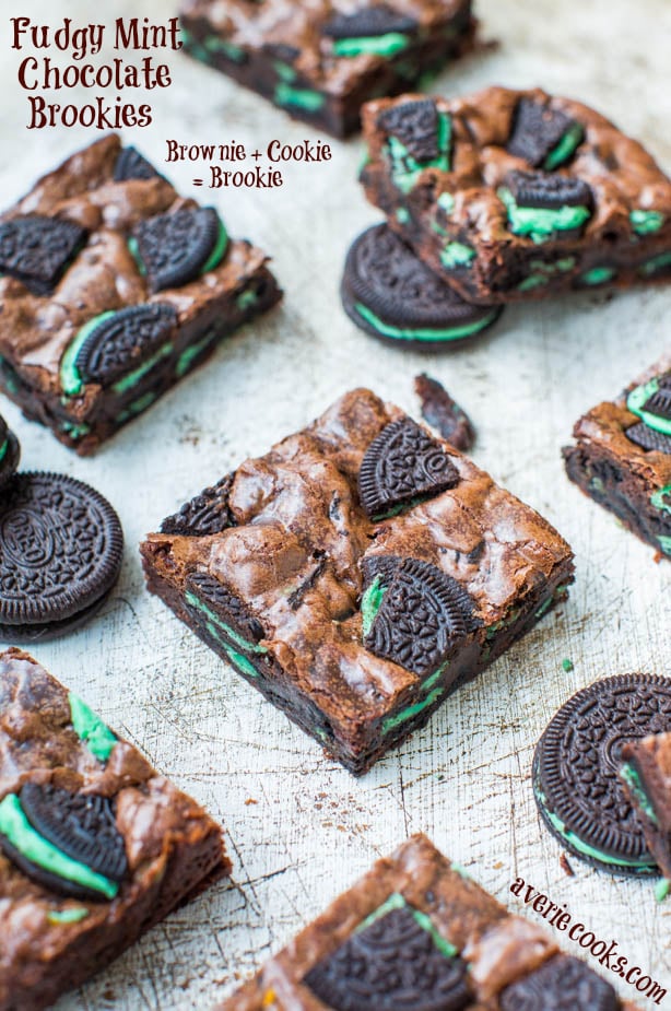 Fudgy Mint Chocolate Brookies {brownie + cookie} - Easy, no-mixer recipe at averiecooks.com