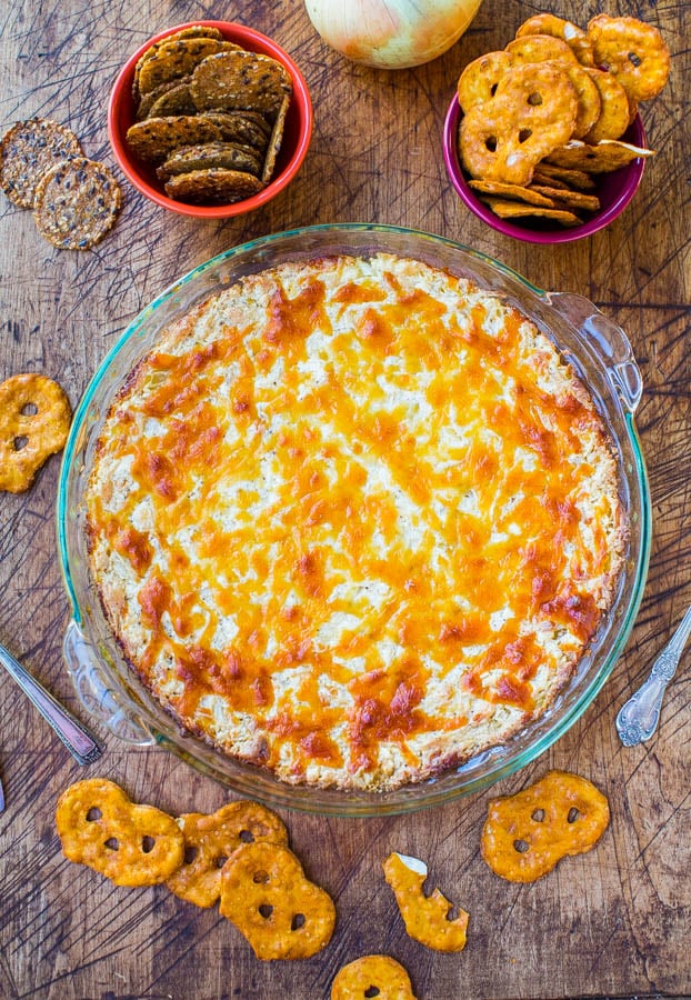 Creamy Baked Double Cheese and Sweet Onion Dip - Cheesy, comforting & easy dip that everyone loves! Recipe at averiecooks.com