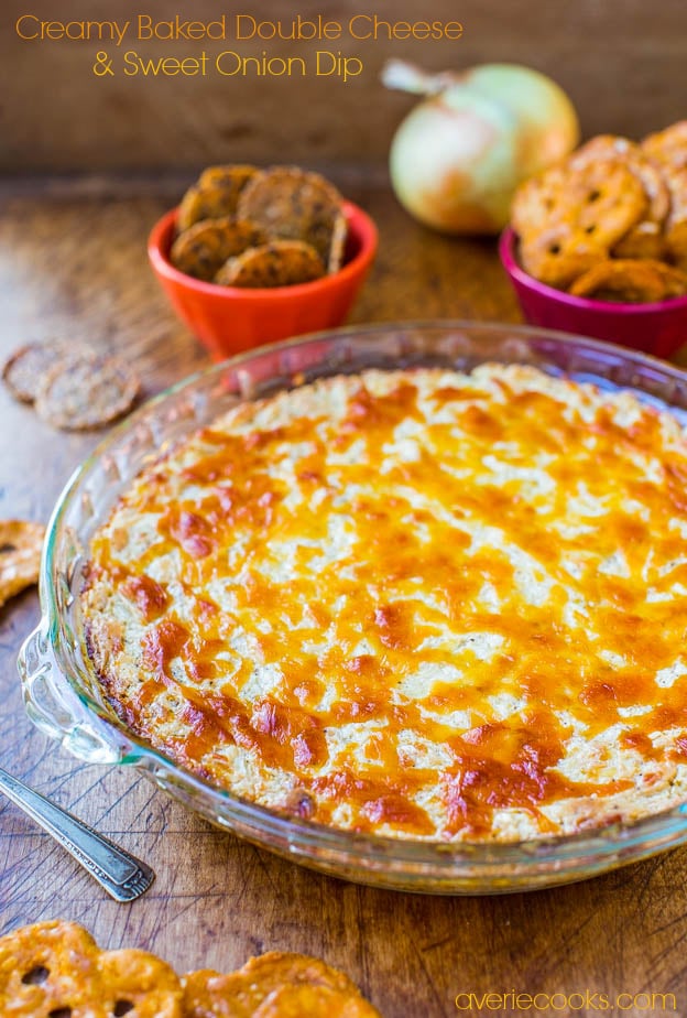 Creamy Baked Onion Dip — A cheesy, comforting, and easy dip that everyone loves! Made with cream cheese and sweet Vidalia onions!