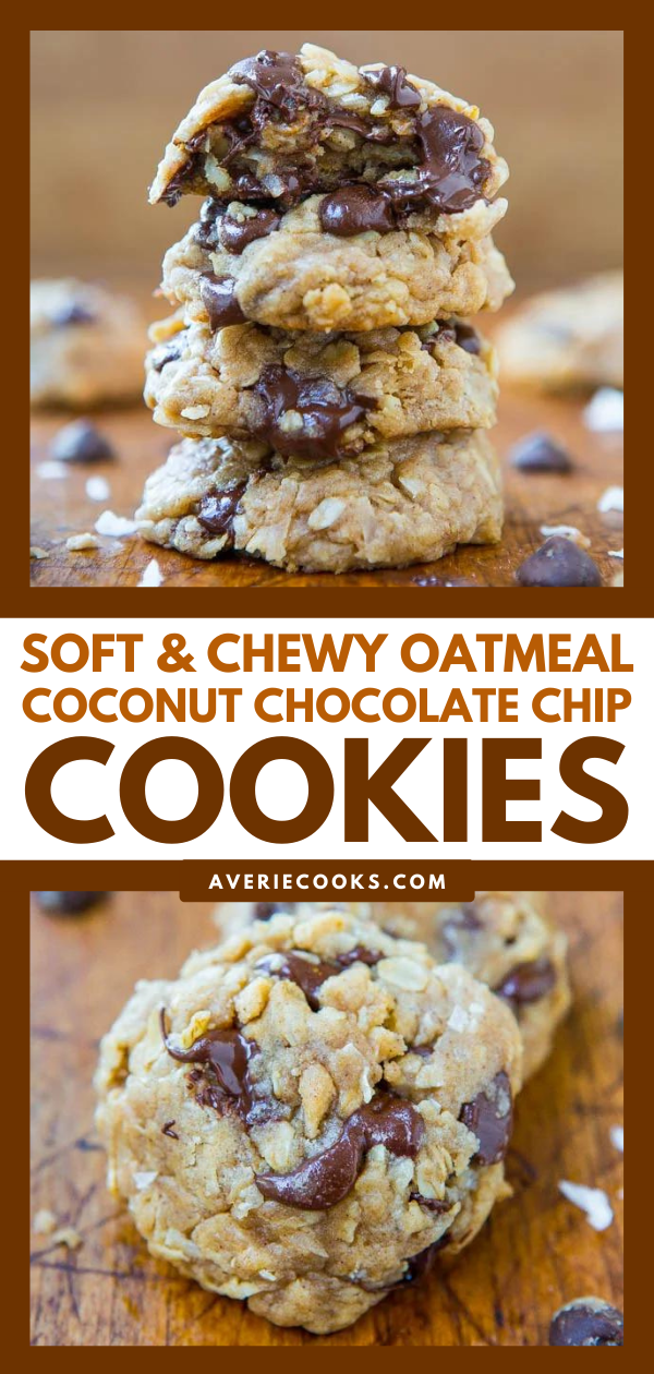 Oatmeal Coconut Chocolate Chip Cookies — These oatmeal coconut chocolate chip cookies are packed with oats, shredded coconut, and semi-sweet chocolate chips. Sure to be a new favorite recipe!