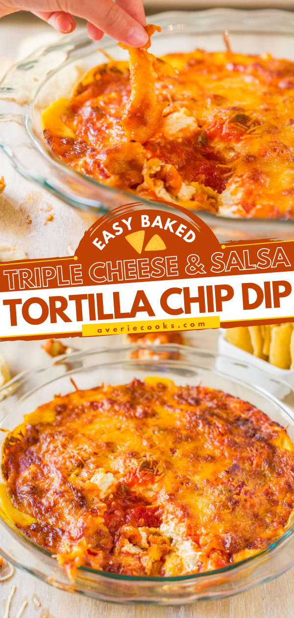 Baked Triple Cheese and Salsa Tortilla Chip Dip — This easy chip dip recipe is made with corn tortilla chips, salsa, and three types of cheese. It can be assembled in advance and baked just before guests arrive!