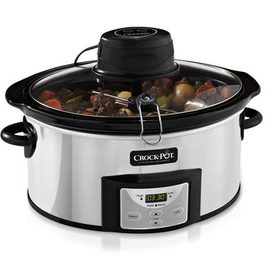 A crock-pot slow cooker filled with stew on a white background.