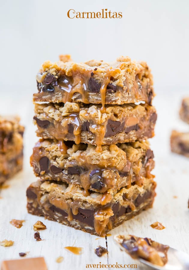 Carmelitas - For the serious caramel lover, these soft and chewy bars are dripping with caramel and stuffed with chocolate! Easy one-bowl, no-mixer recipe at averiecooks.com