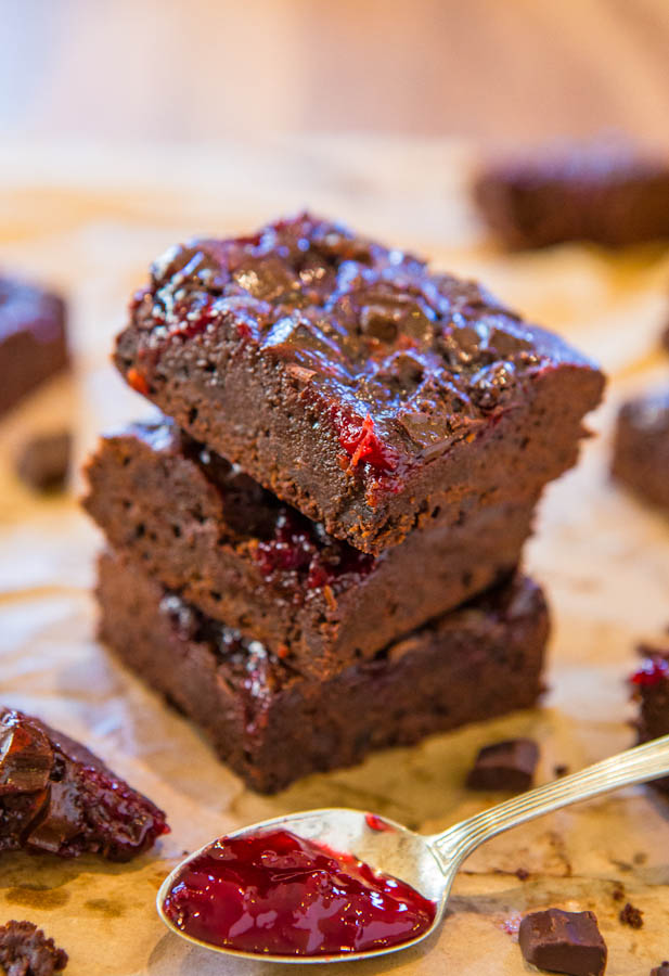 Chocolate Cherry Chocolate Chunk Fudgy Brownies - Scratch brownies as fast and easy as using a mix, and loaded with bold chocolate flavor and sweet cherry jam! Easy recipe at averiecooks.com
