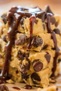 Raw Chocolate Chip Cookie Dough Bars with Hot Fudge