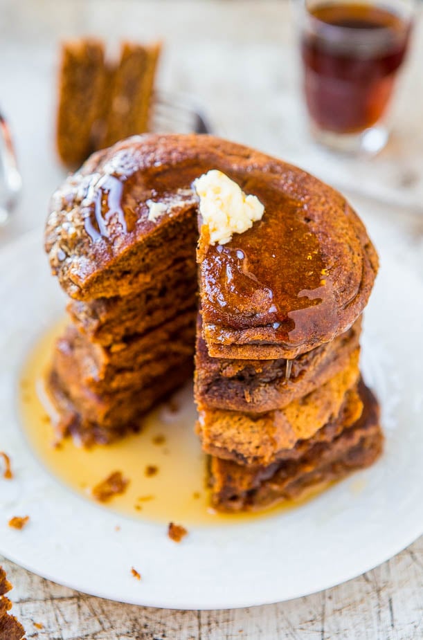 Soft and Fluffy Gingerbread Pancakes with Ginger Molasses Maple Syrup
