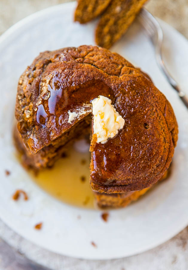 Soft and Fluffy Gingerbread Pancakes with Ginger Molasses Maple Syrup - Pancakes that taste like gingerbread cookies! Easy recipe at averiecooks.com