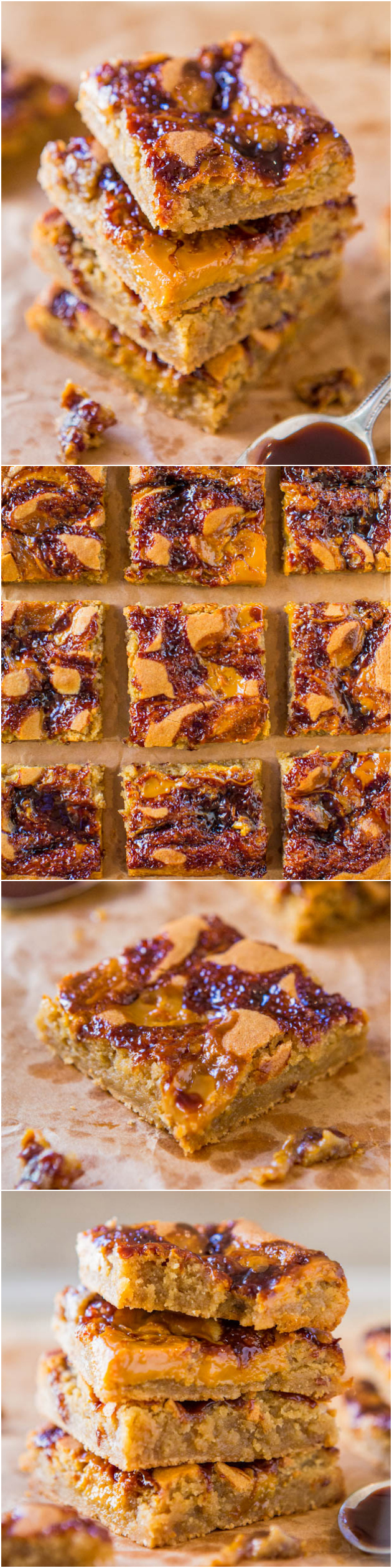 Hot Fudge and Salted Caramel Blondies - Two favorite ice cream toppings baked into soft, chewy & gooey bars! Easy recipe at averiecooks.com