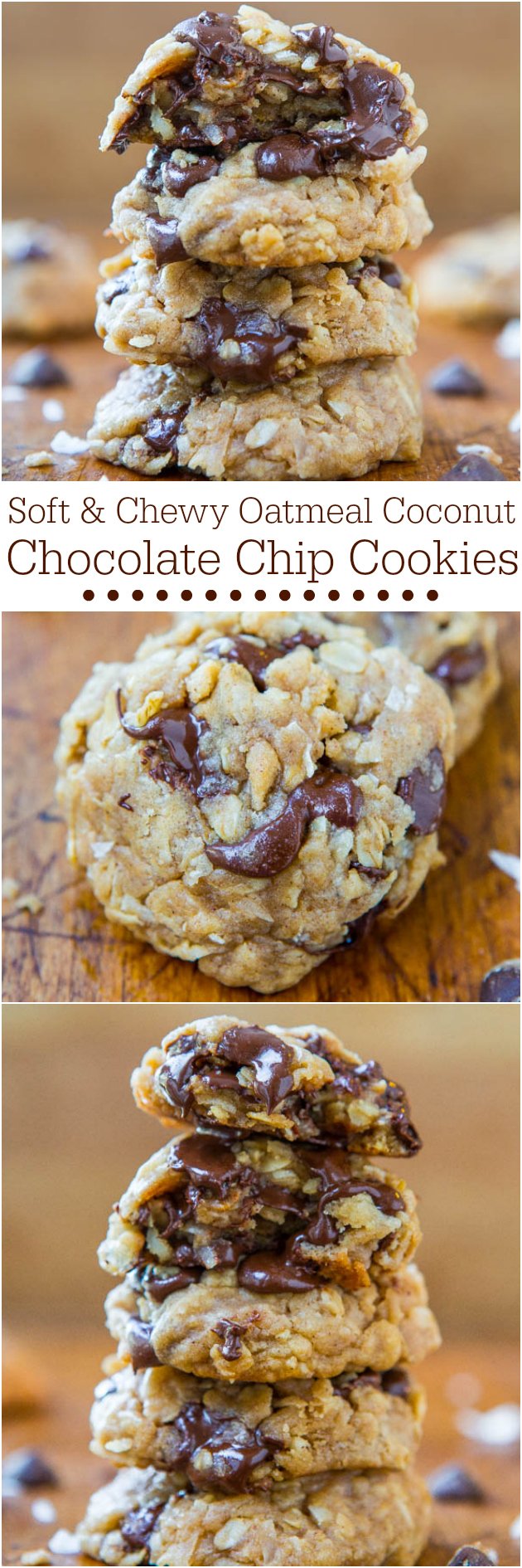 Soft Chewy Oatmeal Coconut Chocolate Chip Cookies - NO BUTTER no mixer used in these easy cookies dripping with chocolate!