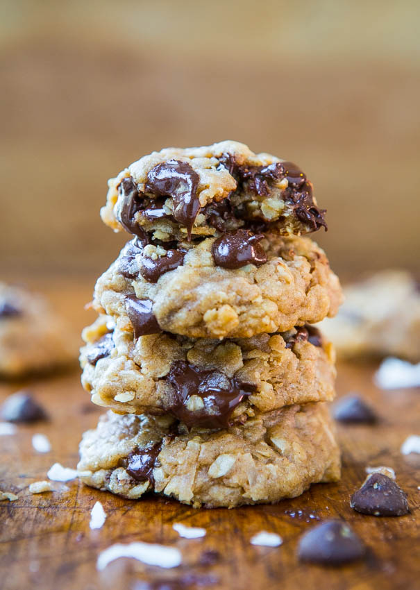Soft and Chewy Oatmeal Coconut Chocolate Chip Cookies stacked