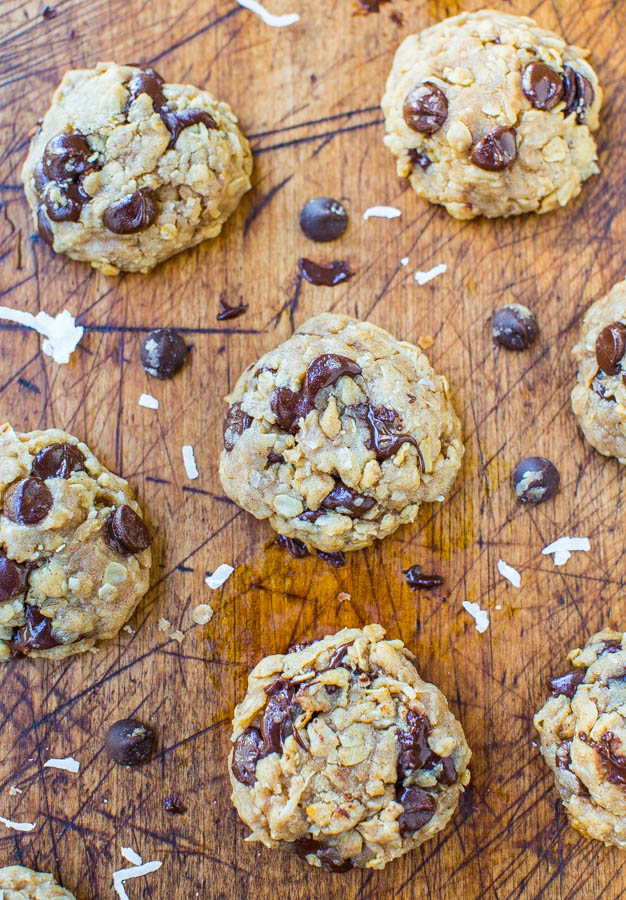 Soft and Chewy Oatmeal Coconut Chocolate Chip Cookies - No butter & no mixer used in these easy cookies dripping with chocolate. Recipe at averiecooks.com