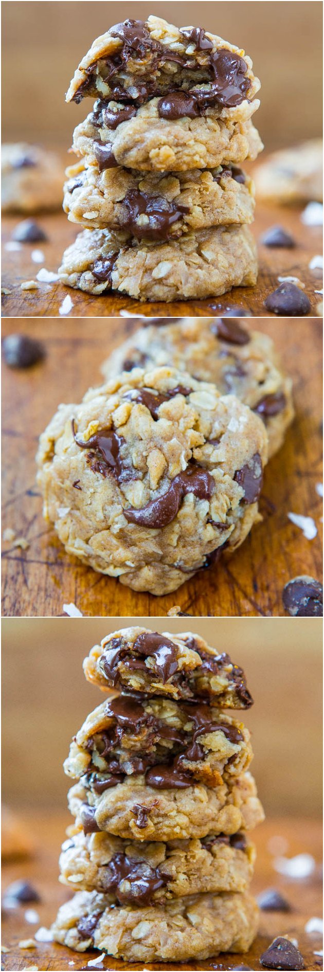 Soft and Chewy Oatmeal Coconut Chocolate Chip Cookies - No butter & no mixer used in these easy cookies dripping with chocolate. Recipe at averiecooks.com