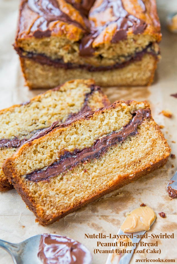 Nutella Peanut Butter Bread — Easy, no-mixer quick bread baked in a loaf pan that tastes like cake! Nutella is swirled inside and on top of the peanut butter bread, because why not?!