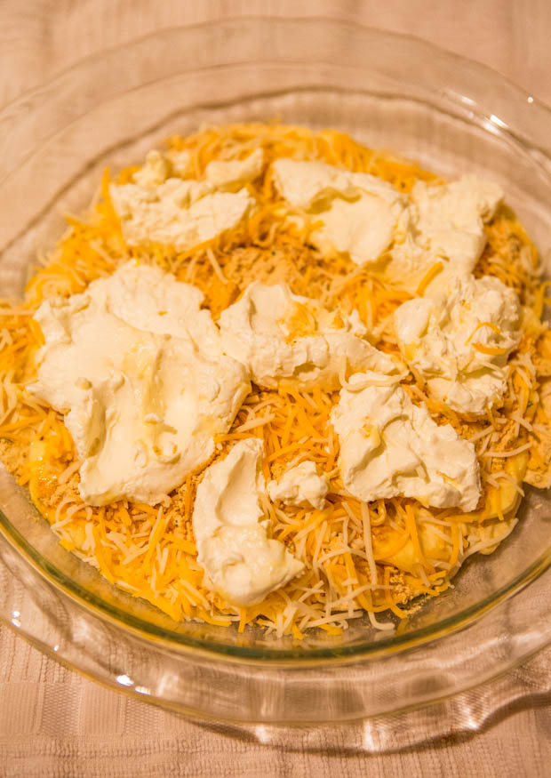 Baked Triple Cheese & Salsa Tortilla Chip Dip - Loaded with 3 kinds of cheese & baked to browned, bubbly, golden perfection! Always a hit at parties & great for Superbowl! Easy recipe at averiecooks.com