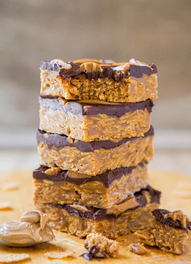 No-Bake Triple Peanut Butter and Chocolate Chewy Cereal Bars (vegan, GF) - Peanut butter is used 3 times in these rich, soft, and very chewy bars! Easy, one-bowl recipe that's ready in 15 minutes at averiecooks.com
