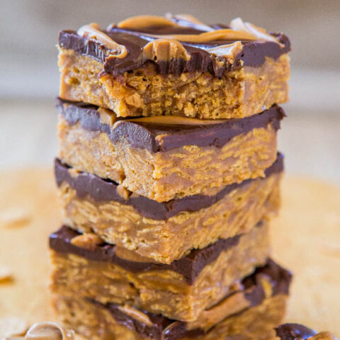 No-Bake Triple Peanut Butter and Chocolate Chewy Cereal Bars (vegan, gluten-free)