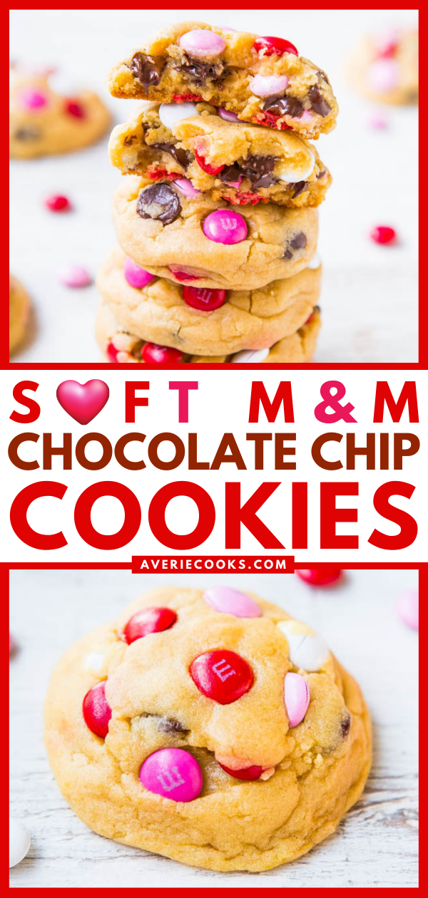 Soft Chocolate Chip M&M's Cookies — The softest, thickest, best M&M's cookies ever! People love these big cookies loaded with M&M's and chocolate!