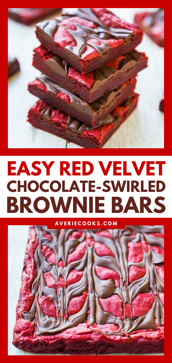 Chocolate-Swirled Red Velvet Brownies — These easy red velvet brownies are topped with an abundance of chocolate and are velvety soft and smooth! They don't call it red velvet for nothing! 