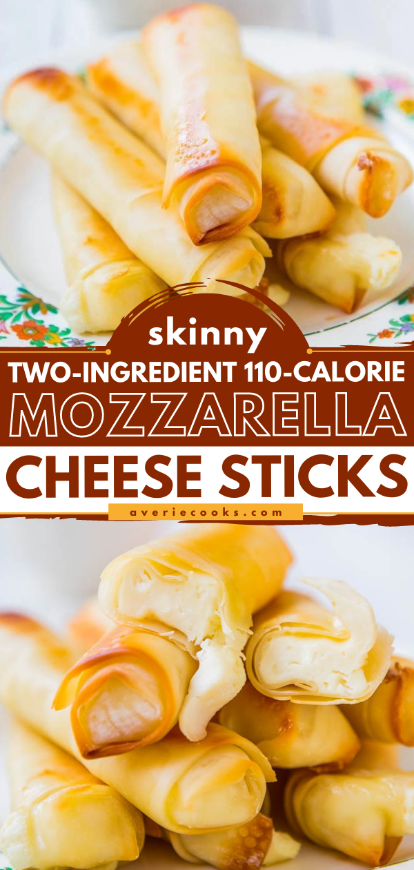 Skinny Two-Ingredient 110-Calorie Mozzarella Cheese Sticks - Comfort food goes skinny so you can still indulge without the bulge! And so fast & easy to make!