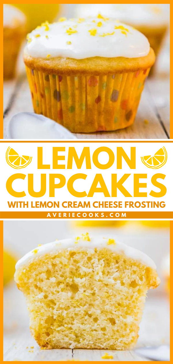Lemon Cupcakes with Lemon Cream Cheese Frosting — Soft, fluffy, moist, very lemony cupcakes from scratch! Easy one-bowl, no-mixer recipe for cupcakes that taste like they're from a bakery!