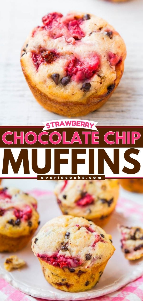 Chocolate Chip Strawberry Muffins — Soft, moist, easy strawberry muffins that are bursting with juicy berries and chocolate chips! Great for breakfast or snacks!