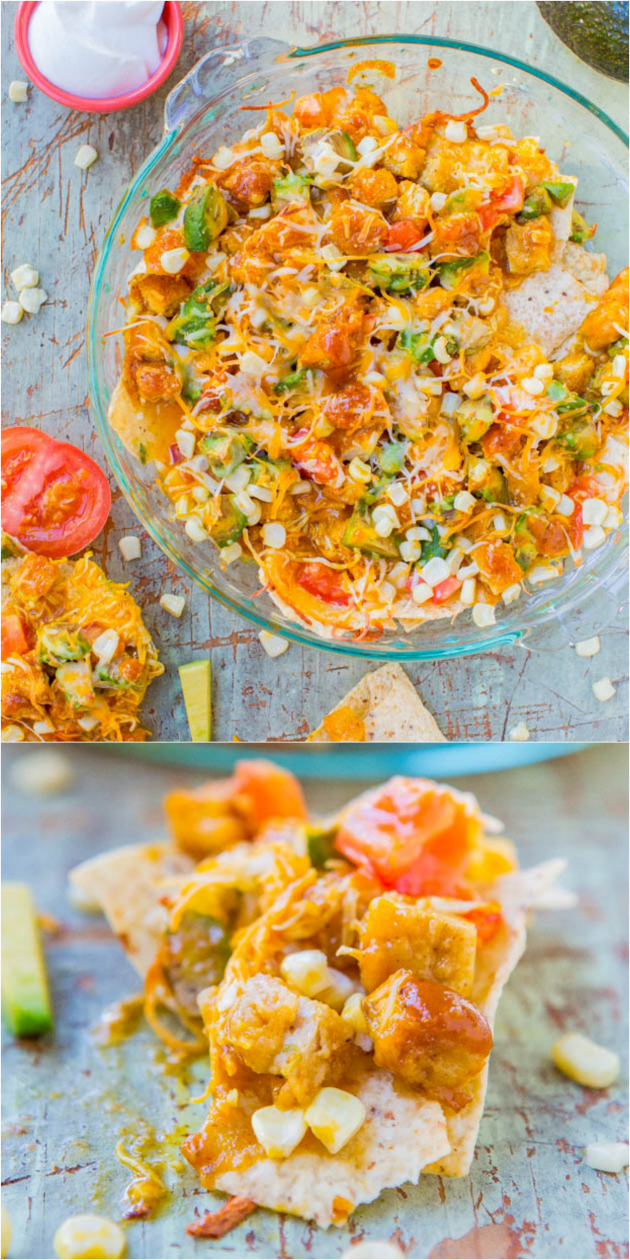 Loaded BBQ Chicken Nugget Nachos (with vegan/GF options) - Chicken nuggets coated in BBQ sauce on top of cheesy nachos. Perfect party food!