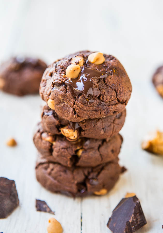 stack of four chocolate peanut butter chip cookies
