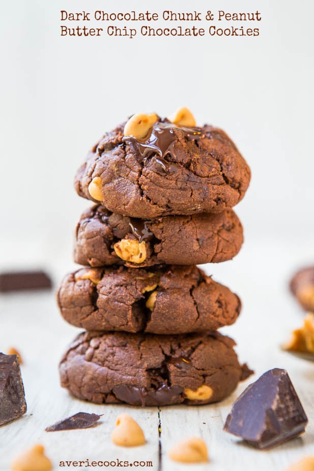stack of four chocolate peanut butter chip cookies