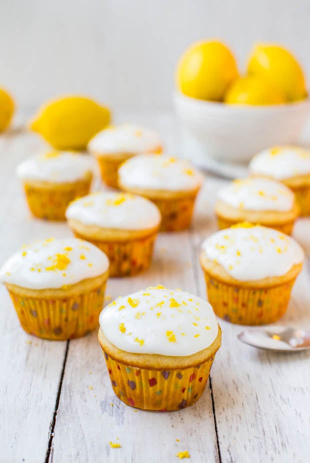 Lemon Cupcakes with Lemon Cream Cheese Frosting - Soft, fluffy, moist, very lemony cupcakes from scratch! Easy one-bowl, no-mixer recipe for cupcakes that taste like they're from a bakery!