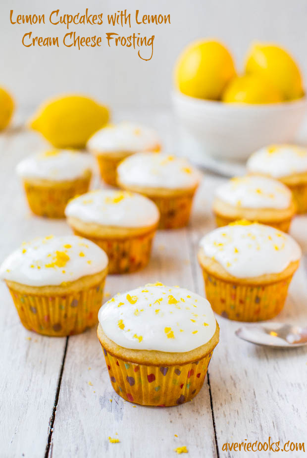 Lemon Cupcakes with Lemon Cream Cheese Frosting - Soft, fluffy, moist, very lemony cupcakes from scratch! Easy one-bowl, no-mixer recipe for cupcakes that taste like they're from a bakery!