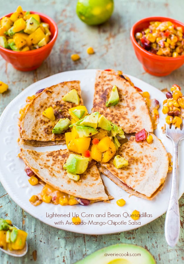 Lightened Up Corn and Bean Quesadillas with Avocado-Mango-Chipotle Salsa (vegetarian/vegan option) - You don't have to derail your diet to enjoy hearty & satisfying comfort food! This version is only about 300 calories & ready in 15 minutes!
