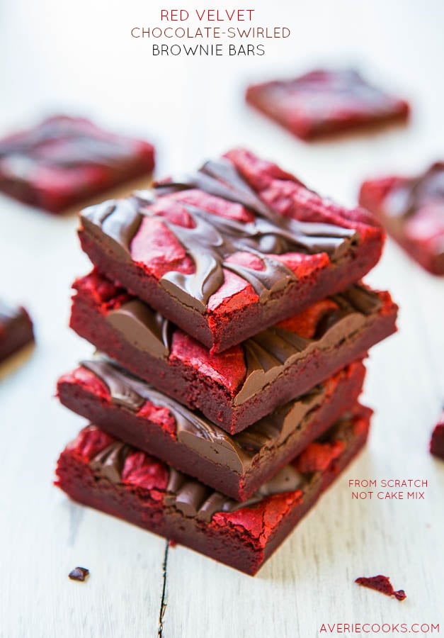 Red Velvet Chocolate-Swirled Brownie Bars {from scratch, not cake mix} - These easy bars topped with an abundance of chocolate are velvety soft and smooth! They don't call it red velvet for nothing! 