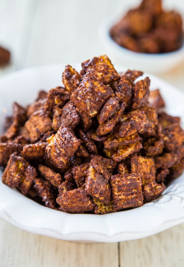 Skinny 100-Calorie Chocolate Peanut Butter Snack Mix (vegan, GF, no butter/oil) - 5 mins to make, satisfying, & won't derail your diet!