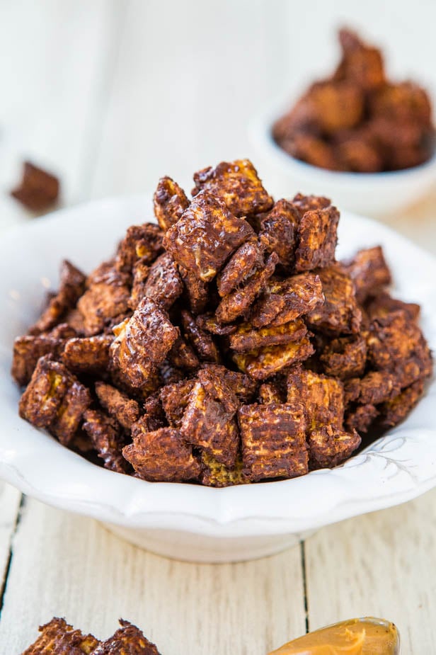 Skinny 100-Calorie Chocolate Peanut Butter Snack Mix (vegan, GF, no butter/oil) - 5 mins to make, satisfying, & won't derail your diet!