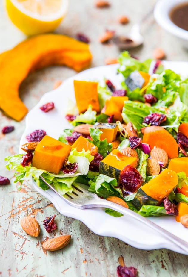 Roasted Winter Squash, Cranberry, and Almond Salad with Lemon Dijon Balsamic Vinaigrette (vegan, GF) - A hearty & satisfying salad to help you stay healthy & on track!