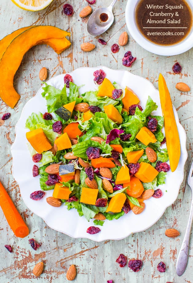 Roasted Winter Squash, Cranberry, and Almond Salad with Lemon Dijon Balsamic Vinaigrette (vegan, GF) - A hearty & satisfying salad to help you stay healthy & on track!