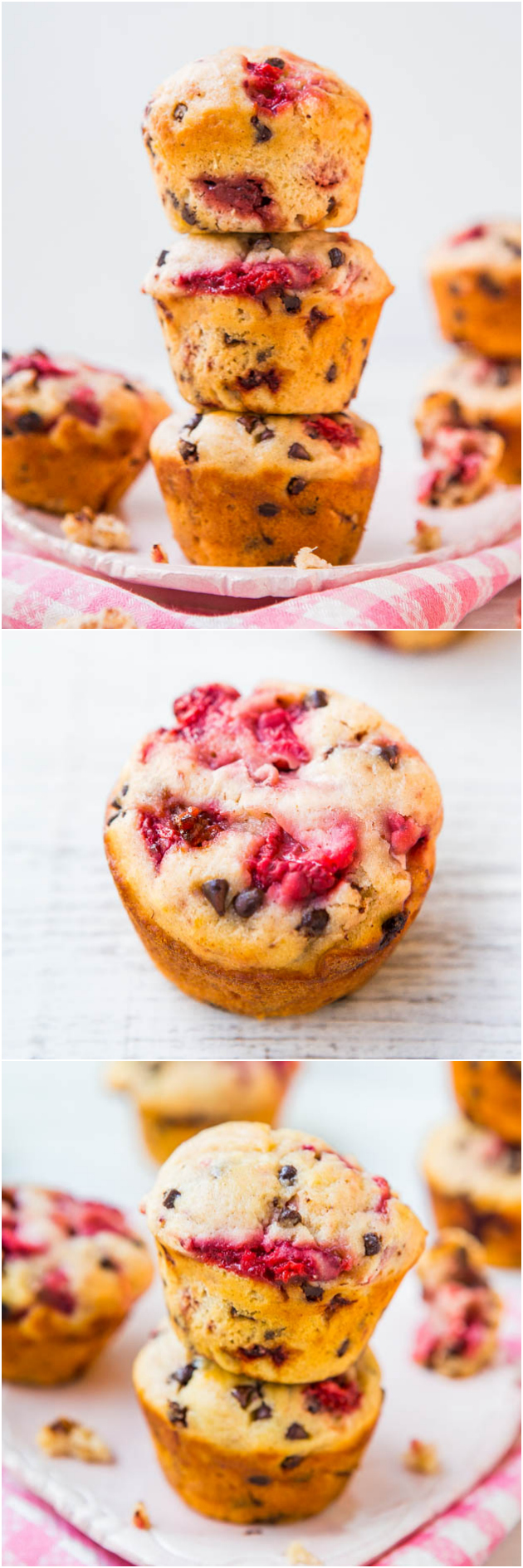 Strawberry Chocolate Chip Muffins - Soft, moist, easy muffins that are bursting with juicy berries! Great for breakfast or snacks! 