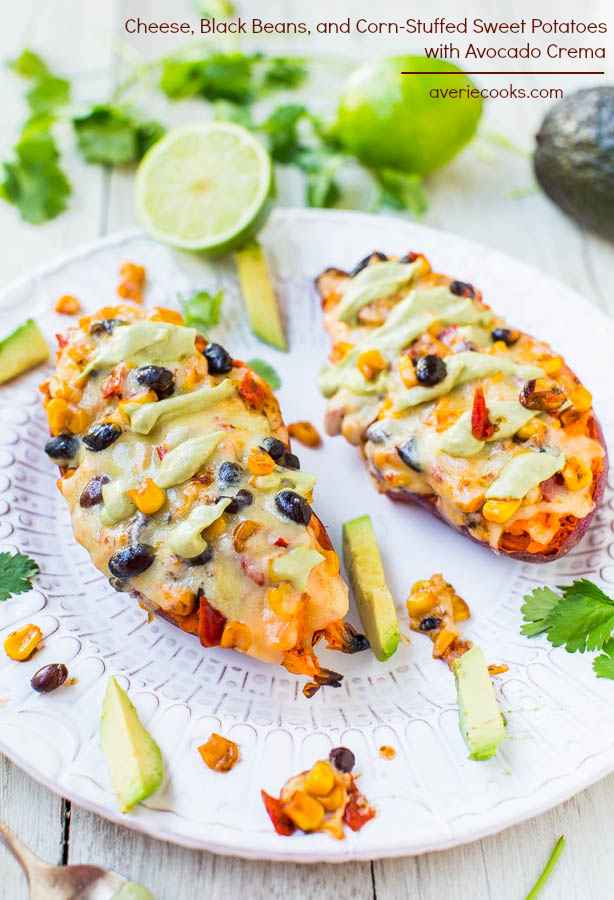 Cheese, Black Beans, and Corn-Stuffed Sweet Potatoes with Avocado Crema (vegan, GF) - A healthy meal that's easy, ready in 15 minutes, satisfying & doesn't taste like health food!