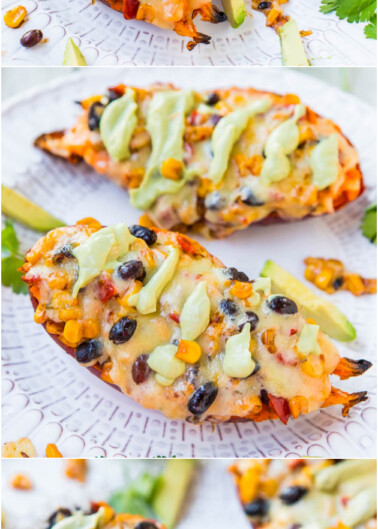 Three images of baked sweet potatoes topped with melted cheese, black beans, corn, and avocado served on a white plate with lime wedges on the side.