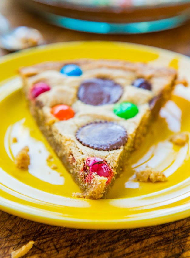 Triple Peanut Butter Cookie Pie slice on yellow plate