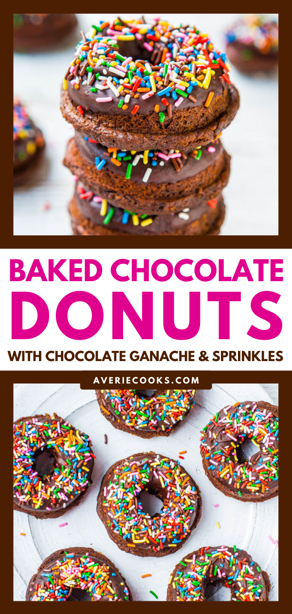 Baked Chocolate Sprinkle Donuts with Chocolate Ganache — Making donuts at home is as easy as making muffins! These chocolate sprinkle donuts are baked rather than fried so you can have seconds, of course!