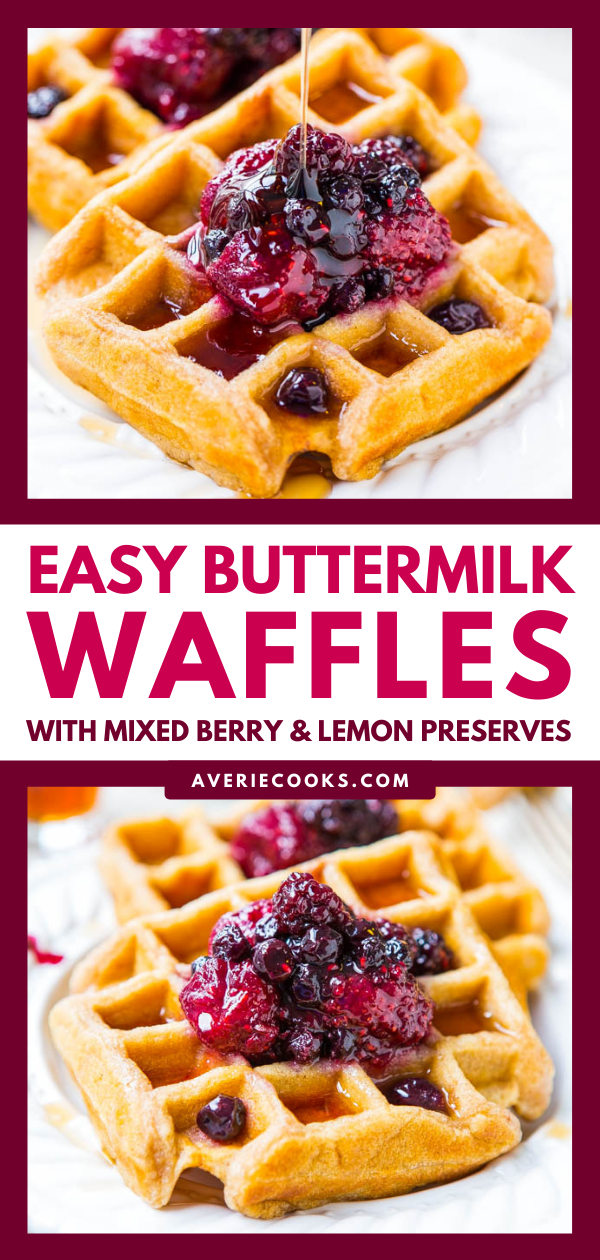 Easy Buttermilk Waffles with Mixed Berry Preserves — These homemade buttermilk waffles are ready in minutes. They’re as fast and easy as using a boxed mix, but SO much better! They’re crispy on the outside, yet softer and fluffier in the interior! 