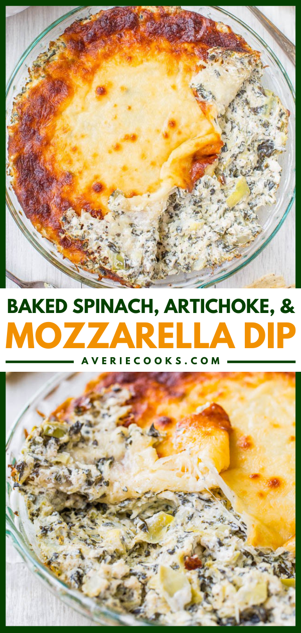 Cheesy Baked Spinach Artichoke Dip — This baked spinach artichoke dip disappears at parties and is a crowd favorite! It's topped with mozzarella, because who doesn't love cheesy dips?