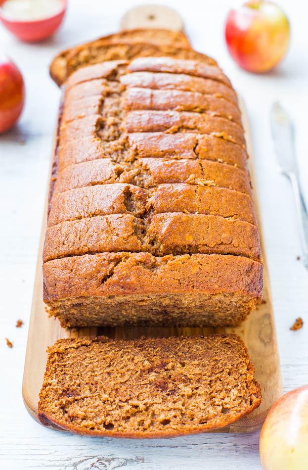 sliced loaf of Applesauce Bread - Cinnamon Spice Applesauce Bread With Honey Butter