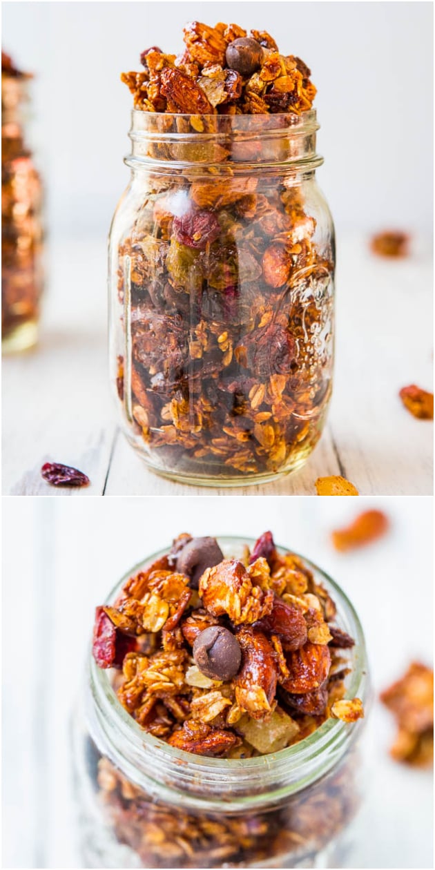 Big Clusters Maple Cinnamon Chocolate Chip Granola (vegan, GF) - Easy homemade granola for a fraction of the cost of storebought! Learn the secrets to creating those highly coveted big clusters!