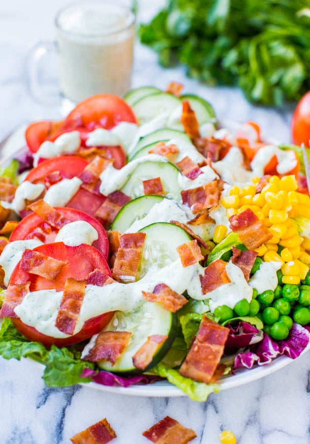 BLT Salad with Homemade Buttermilk Ranch Dressing — A BLT salad packed with an abundance of veggies for added texture and flavor, all topped with homemade ranch! Fast, fresh, healthy & satisfying!