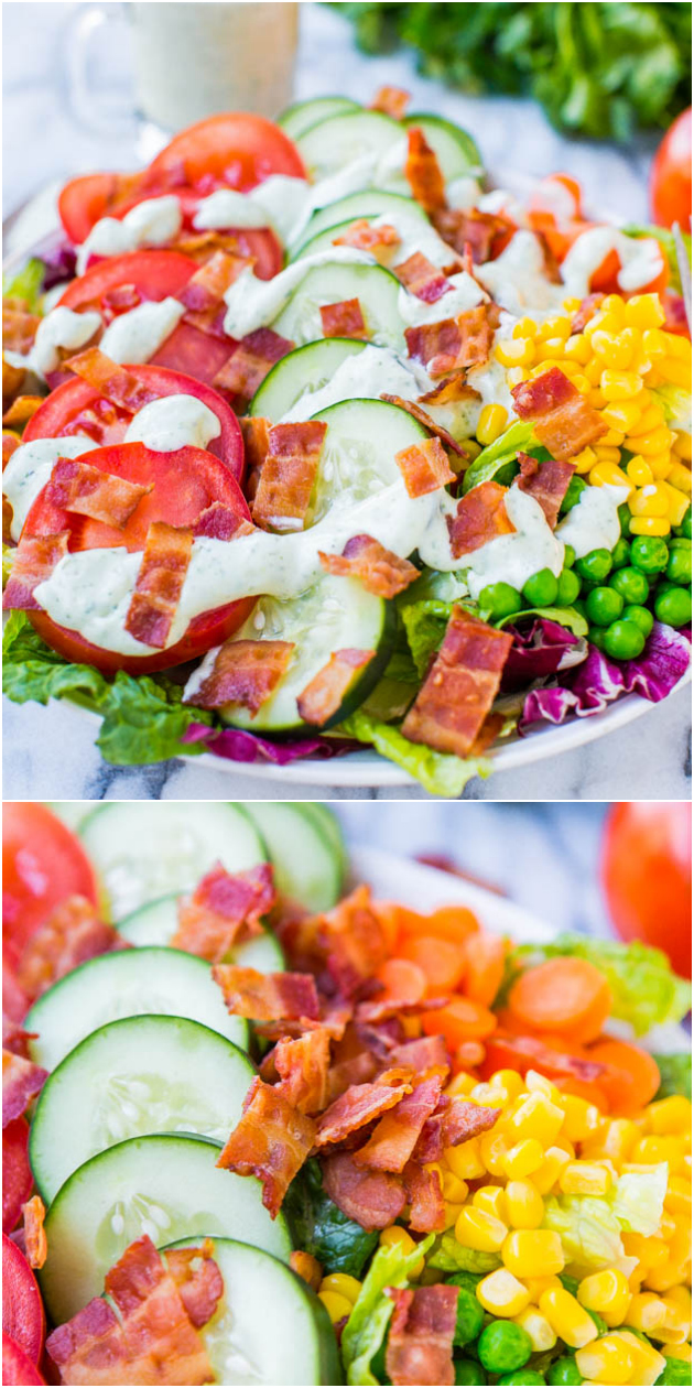 BLT Salad with Homemade Buttermilk Ranch Dressing — A BLT salad packed with an abundance of veggies for added texture and flavor, all topped with homemade ranch! Fast, fresh, healthy & satisfying!