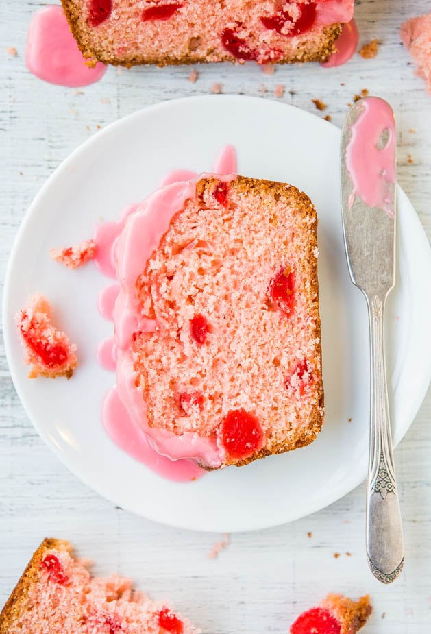 Sweet Soft Cherry Bread with Cherry-Almond Glaze - An easy quickbread that's perfect for Valentine's Day, Easter, or Mother's Day! Because you can never have too much pink!