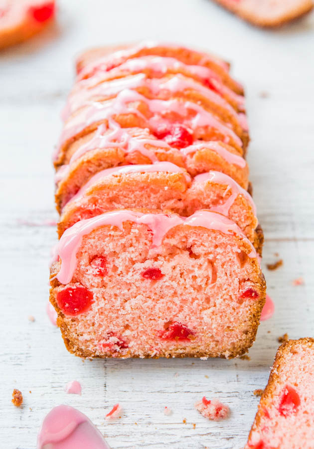 Sweet Soft Cherry Bread with Cherry-Almond Glaze - An easy quickbread that's perfect for Valentine's Day, Easter, or Mother's Day! Because you can never have too much pink!