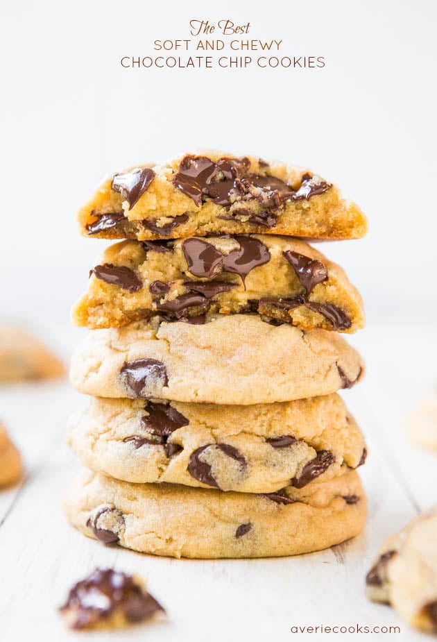 four Chewy Chocolate Chip Cookies stacked on top of each other
